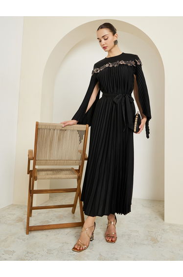 Black Embellished Pleated Cape Sleeve Maxi Dress