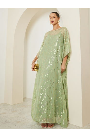 Women Green Embellished Textured Kaftan