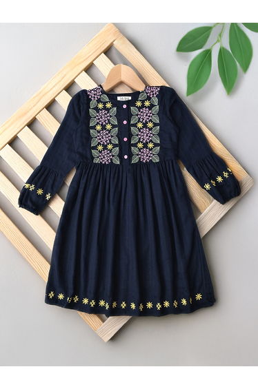 Embroidered 3/4 Sleeves Cotton Dress with Button Front