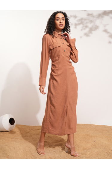 Solid Collared Shirt Dress with Front Slit Detail