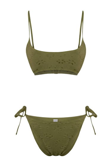 Khaki Textured Bralette Covered Brazilian Low Waist Bikini Set