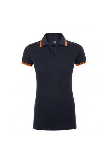 SOLS Womens/Ladies Pasadena Tipped Short Sleeve Pique Polo Shirt - French Navy/Neon Orange