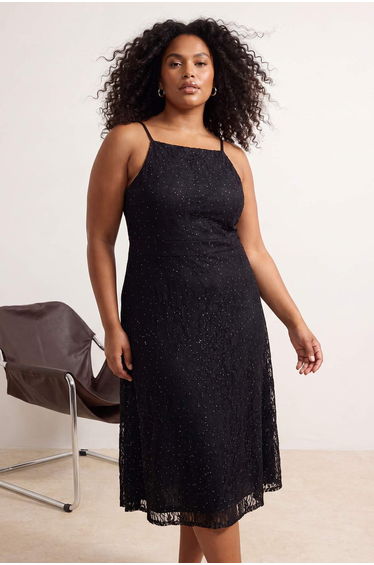 Black Lace Stone Printed Tulle Lined Midi Plus Size Dress