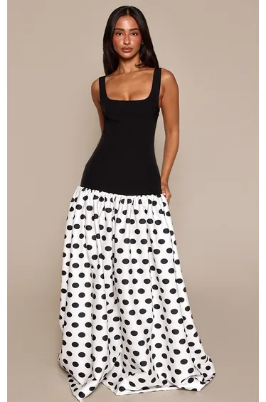 Petite Polka Dot Contrast Woven Gathered Hem Maxi Dress