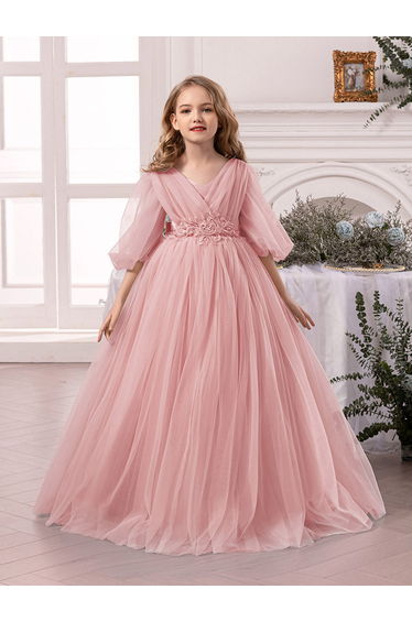 Pink Mesh Lace Detail Balloon Sleeve Dress