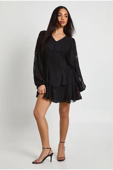 Floral Burnout Volume Sleeve Ruffle Hem Mini Dress - black