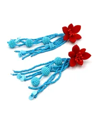 Red Flower Beaded Tassel Earrings - 1