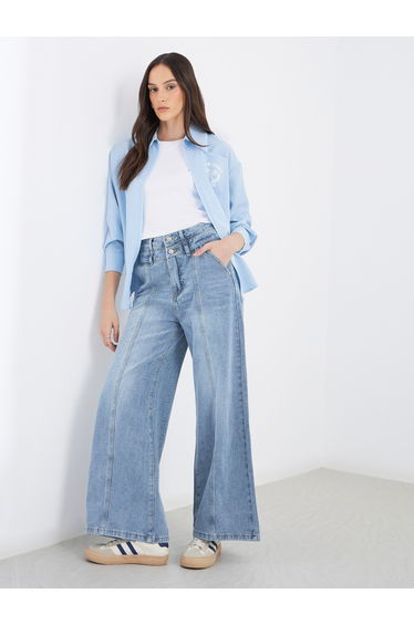 High Rise Wide Leg Jeans with Pintuck Detail