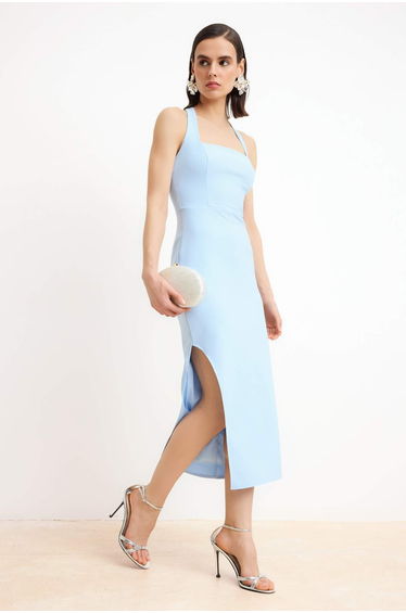 Light Blue Plain Bodycon Rose Detailed Woven Finike Midi Unlined Stylish/Evening Dress