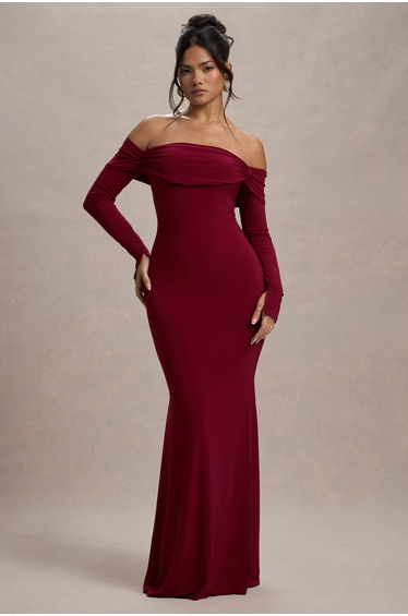 Amaia | Berry Bardot Long-Sleeve Floor Length Dress