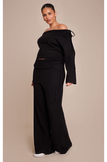 Plus Black Foldover Tie Side Knitted Wide Leg Trouser