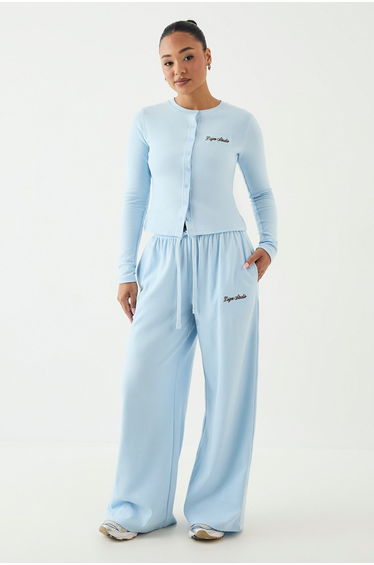 DSGN Studio Embroidered Rib Wide Leg Trouser - light blue