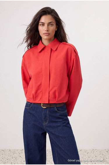 Red Shirt Collar Oversize Bomber Coat