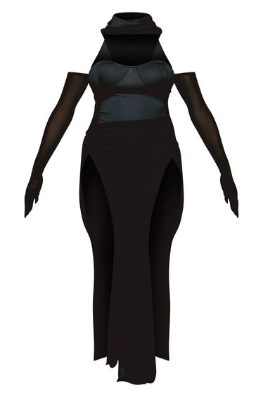 Shape Black Mesh Hooded Bodysuit Insert Gloved Floor Length Dress
