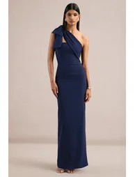 Adara | Navy One Shoulder Maxi Dress With Back Split and Bow Detail - 4