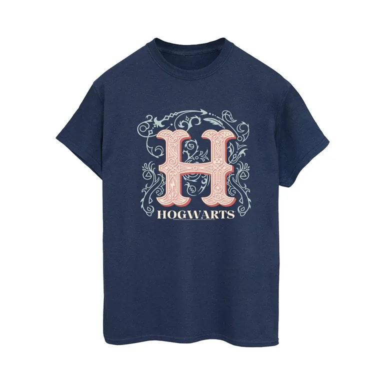 Harry Potter Womens/Ladies Flowers H Cotton Boyfriend T-Shirt - Navy Blue - 1
