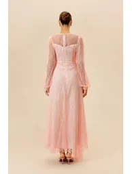 Irresistible Charm Pink Ruched Bodice Sheer Lace Maxi Dress - 2
