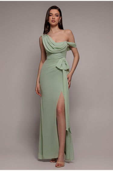 One Shoulder Cowl With Bow Detail Maxi Dress - Sage Green by Goddiva