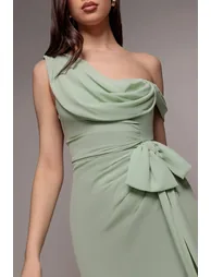 One Shoulder Cowl With Bow Detail Maxi Dress - Sage Green by Goddiva - 2