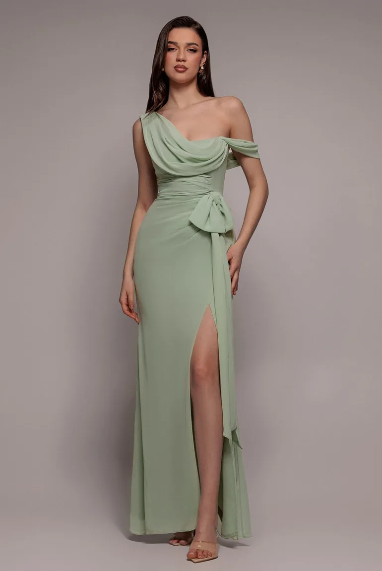 One Shoulder Cowl With Bow Detail Maxi Dress - Sage Green by Goddiva
