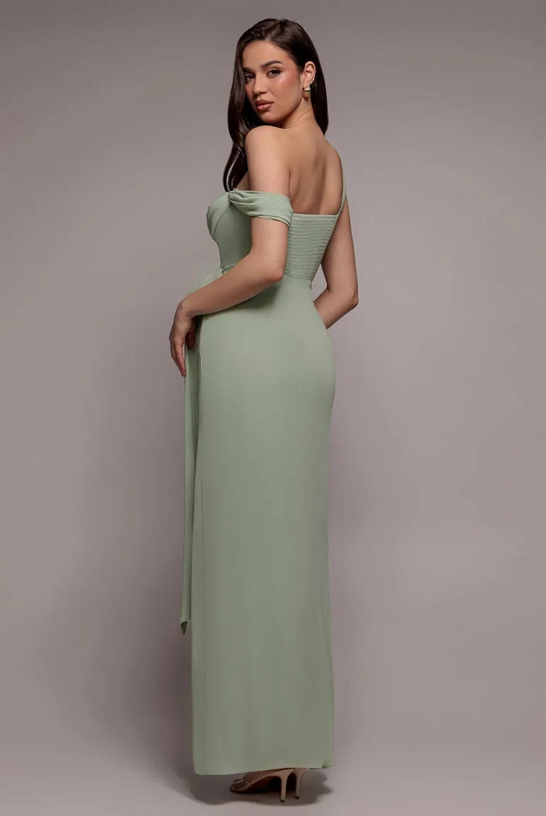One Shoulder Cowl With Bow Detail Maxi Dress - Sage Green by Goddiva - 1