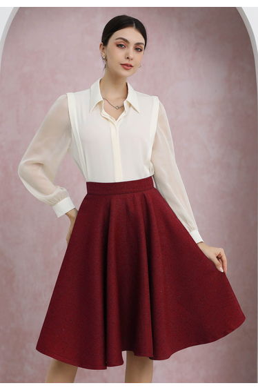 Autumn Edit Tweed Flare Midi Skirt in Burgundy