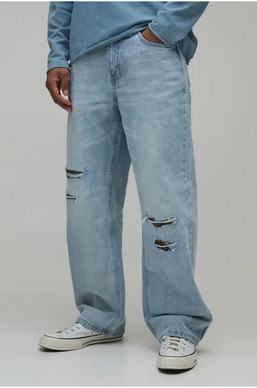 Leopard Rip & Repair Stonewash Relaxed Fit Jeans - stonewash