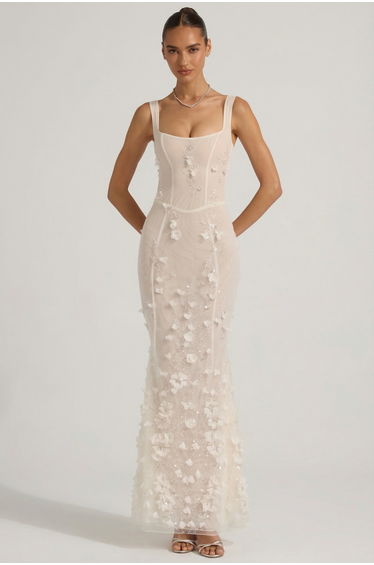 Embellished Appliqué Soft-Scoop Corset Gown in White