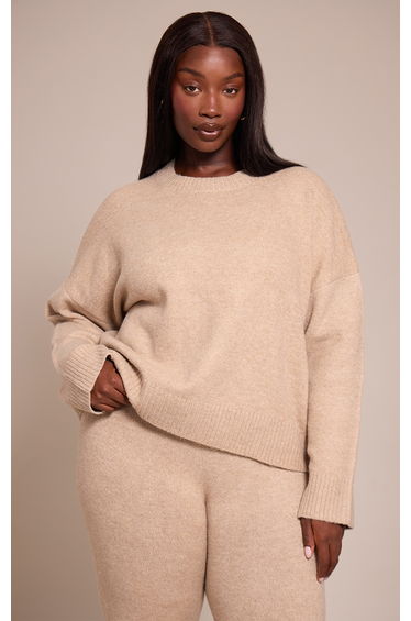 Plus Taupe Marl Knitted Cropped Crew Neck Jumper