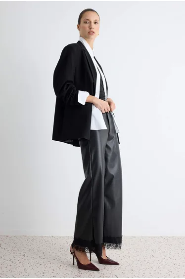 Black Plain Lace Detailed Wide Leg Regular Faux Leather Knitted Trousers