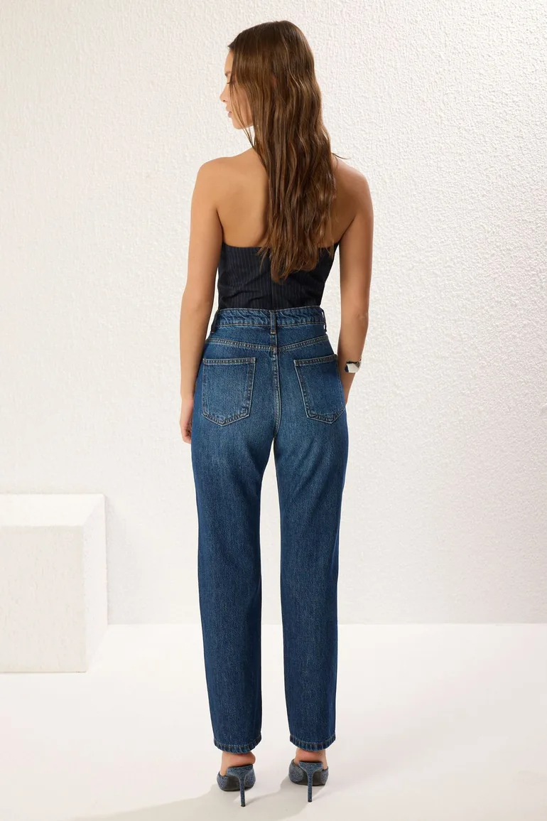 Dark Blue High Waist Straight Jeans - 4