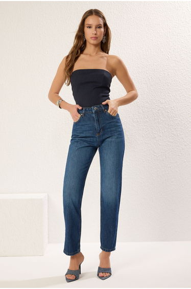 Dark Blue High Waist Straight Jeans