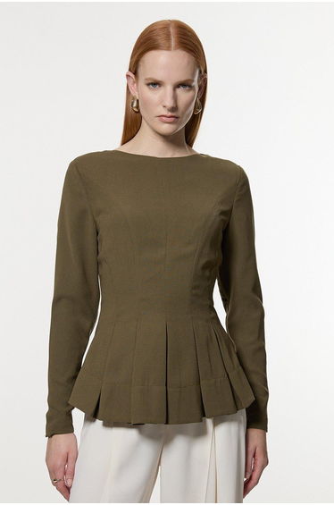 Pleated Long Sleeve Open Back Detail Woven Blouse