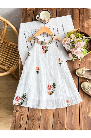 Girls Floral Embroidered Sleeveless Dress