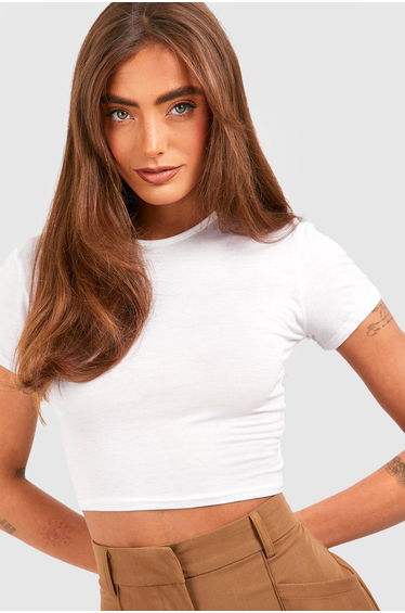 Basic Short Sleeve Crew Neck Crop Top - white
