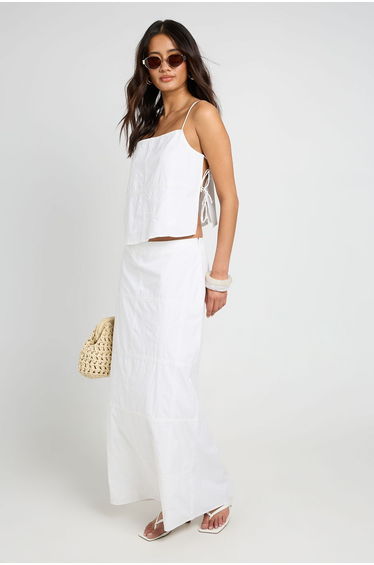 Patchwork Embroidery Column Maxi Skirt - white