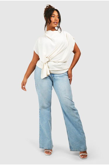 Plus Knot Cowl Neck Blouse - cream
