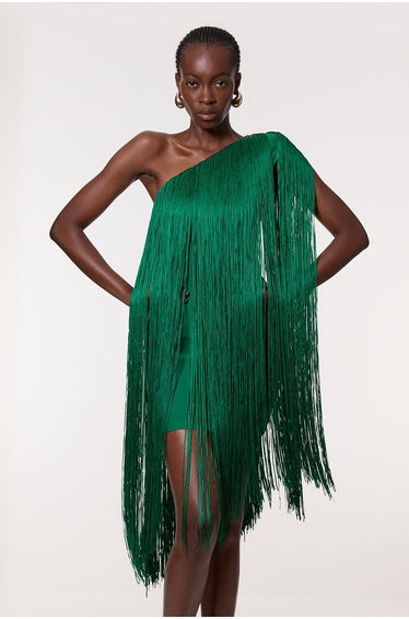 Tall Figure Form Bandage One Shoulder Fringe Mini Knit Dress