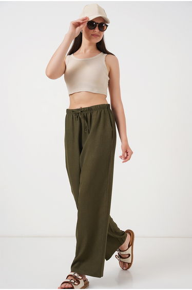 Women's Wide Leg Linen Trousers - Khaki