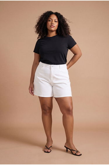White Elastic High Waist Mini 100% Cotton Plus Size Denim Shorts