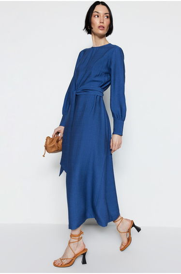 Navy A-Line Maxi Shift Dress with Long Sleeve