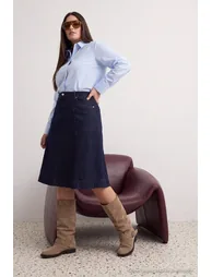 Dark Blue High Waist Stitching Detailed Midi Length Denim Plus Size Skirt