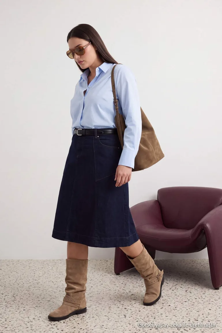 Dark Blue High Waist Stitching Detailed Midi Length Denim Plus Size Skirt - 5