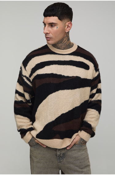 Tall Oversized Boxy Brushed Animal Knitted Jumper - taupe