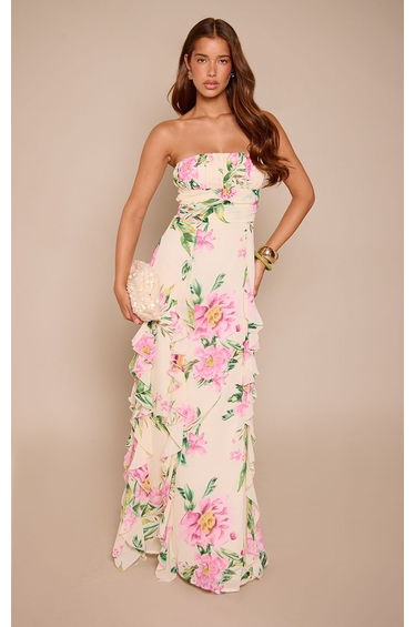 White Floral Print Frill Bandeau Maxi Dress