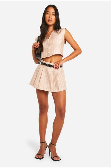 Woven Pinstripe Tailored Shorts - camel