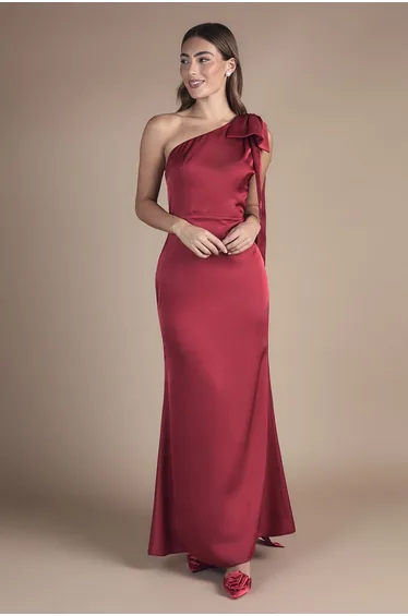 Bow And Drape Detail One Shoulder Satin Bridesmaid Dress