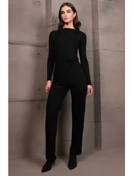 Women's Black Deep V-Neck Tie Detail Jumpsuit - 5