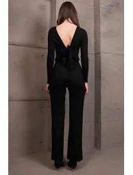 Women's Black Deep V-Neck Tie Detail Jumpsuit - 7
