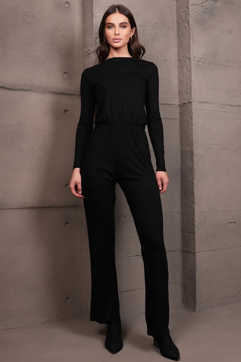 Women's Black Deep V-Neck Tie Detail Jumpsuit - 2